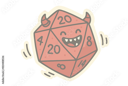 Playful Monster D20. A grinning monster d20 rolling with tiny happy motion lines, soft rounded forms, limited pastel red and gray