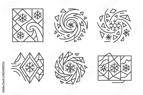 Geometric Ice Storms. Icons for: glacial panel storms of geometry, angular frost swirl compositions, polygonal snow tempest