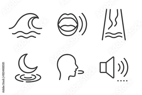 Final Cry Icons. Line style icons of final cry in darkness: broken wave, echo mouth, dim channel, last tone, night ripple,