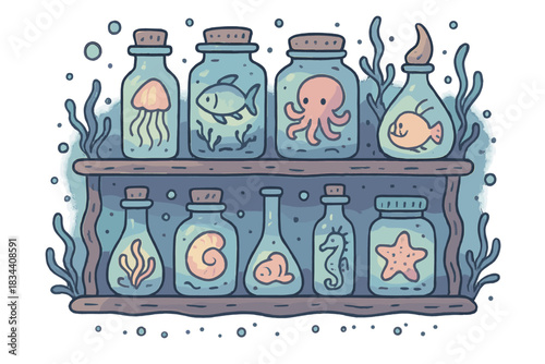 Whimsical Underwater Shelves. Whimsical doodle vector of underwater catalog shelf with jars and vials of radiant marine specimens