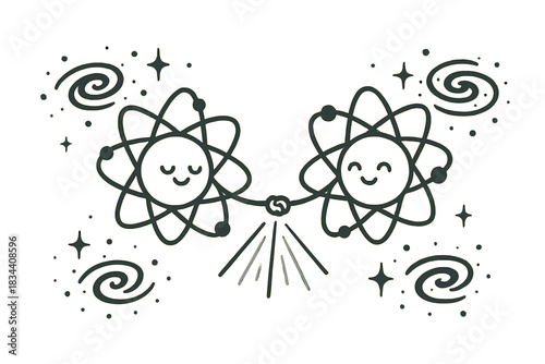 Happy Atomic Connection. Adorable doodle vector of two happy atoms holding hands across galaxies with beams of light showing their