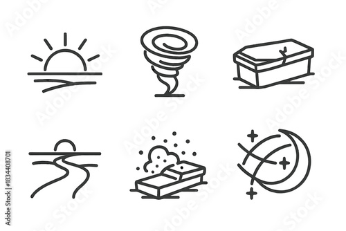 Arid Wind Iconography. Line style icons of arid wind stone coffin extreme: solar arc, wind vortex, aged lid, glowing dust, horizon
