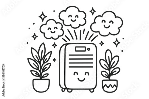 Cheerful Air Purifier. Doodle-style vector illustration of cheerful air purifier releasing smiling clean air clouds surrounded by