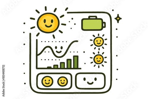 Cheerful Charging Dashboard. Whimsical doodle vector of friendly app dashboard tracking charging efficiency with glowing sun icons