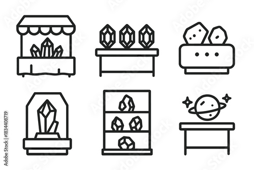 Radiant Mineral Displays. Icons for: destined mineral stalls, aligned gem tables, luminous ore counters, radiant stone showcases,