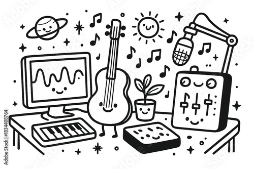 Cosmic Studio Symphony. Doodle-style vector illustration of cosmic studio setup with smiling instruments interpreting