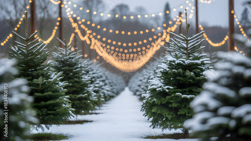 Rows of snowcovered christmas tree farm illuminated by warm string lights in winter