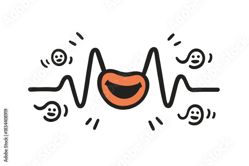 Cheerful Vowel Waveform. A cheerful mouth shape forming a specific vowel waveform, tiny smiling sound waves radiating outward,