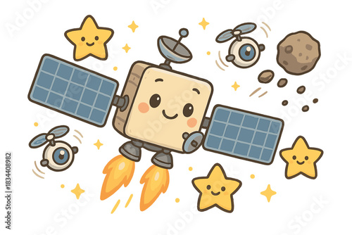 Cartoon Satellite Adventure. Sweet cartoon satellite using thrusters to avoid floating debris, surrounded by friendly stars and