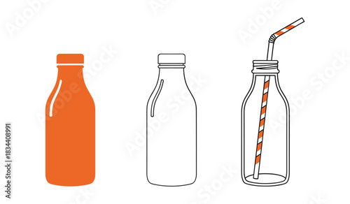Three bottle illustrations with a solid orange bottle, an outline bottle, and a bottle with a striped straw