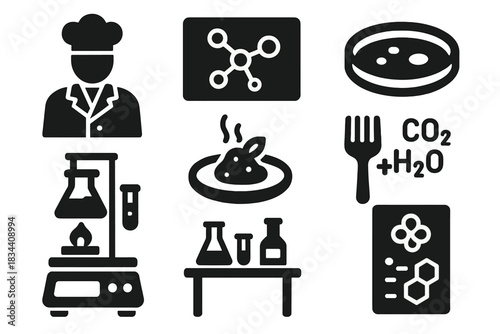 Scientific Gastronomy Icons. Solid style icons of science meets gastronomy: chef in lab coat, molecular dish chart, dry test plate