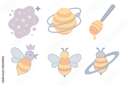Galactic Pollination Icons. Isometric vector illustration set Galactic pollination icons: nebular pollen dust, orbit hive