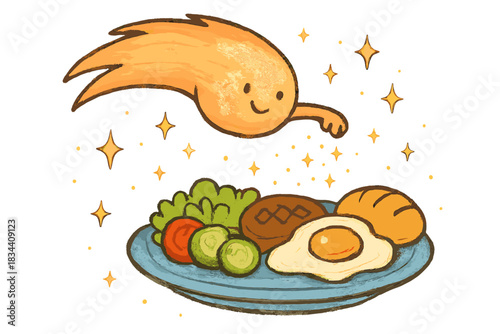 Cosmic Gastronomy Doodle. Friendly doodle comet trailing sparkly stardust seasoning over a floating space meal, No text, No labels