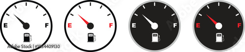 Set of fuel gauge meter icons with full and empty indicator signs. Car dashboard elements showing petrol level. Automotive gas symbol. Vector illustration isolated on transparent background.