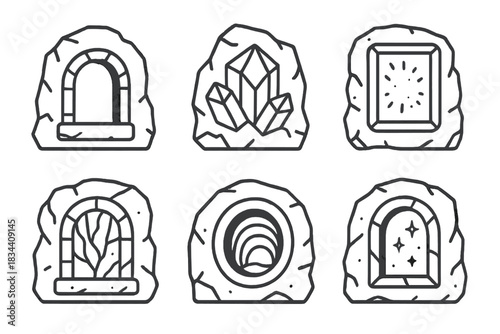 Geometric Mineral Window. Line style icons of a stony window with embedded resources: hollow arch cut into mineral face, geometric