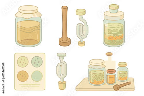 Probiotic Kitchen Tools. Isometric vector illustration set of probiotic kitchen icons: kombucha SCOBY storage vessel, kraut