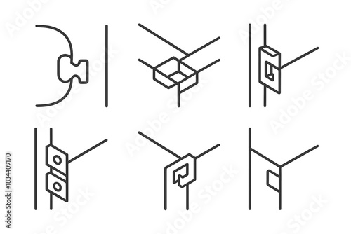 Intricate Edge Fastener. Line style icons of a puzzling edge fastener: interlocking latch along a curved border, geometric clasp