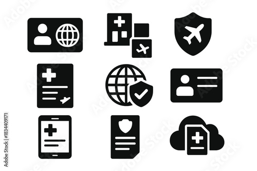 Nomad Medical Icons. Solid style icons of medical insurance for nomads: health card with world icon, hospital + visa paper, travel