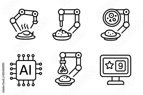 Robotic Food Testing Icons. Line style icons of robotic food testing: flavor sampling arm, pH level sensor, bacteria scanner,