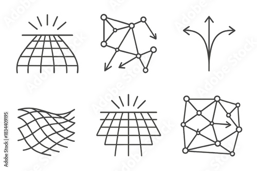 Luminous Pathways. Line style icons of a luminous framework navigating paths: radiant grid curving into horizon, geometric network