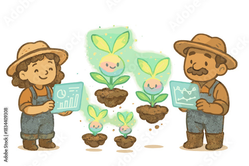 Quantum Farm Delight. Adorable doodle farm with glowing quantum plants rotating in floating soil pods, smiling farmers tracking