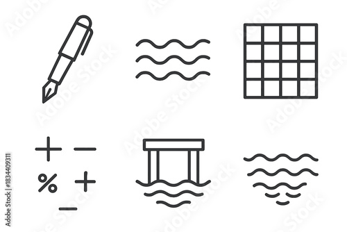 Waterfront Pen Icons. Line style icons of pen at waterfront equations: fountain pen, wave line, geometric grid, number symbols,