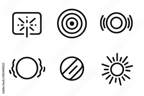 Sound Wave Icons. Line style icons of terminal sound omen: echo burst, circular waves, hollow tone, trembling sphere, light