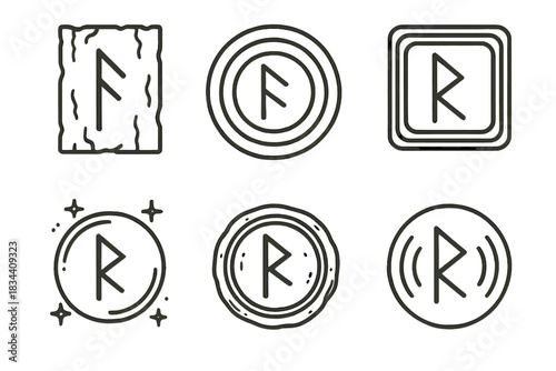 Mystical Rune Wall Icons. Line style icons of mystical rune wall: engraved pattern, sound ripples, layered geometry, glowing