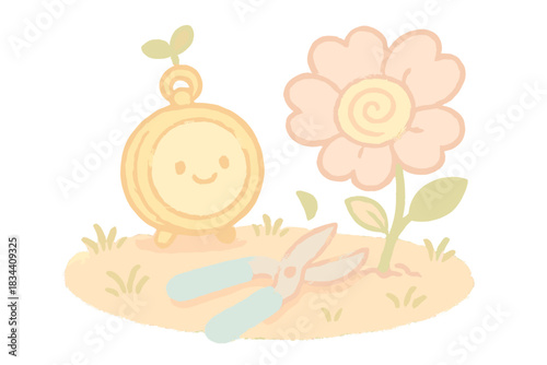 Miniature Temporal Garden. A miniature temporal garden scene with cheerful temporal seed, pruning shears, and memory blossom, soft