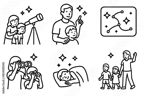 Stargazing Family Adventure. Line style icons of family dark sky tourism: kids with telescope, parent showing stars, glow-in-dark