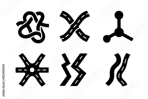 Chaotic Travel Icons. Solid style icons of chaotic travel networks: twisting junction, bouncing crossroad, swaying node, shifting