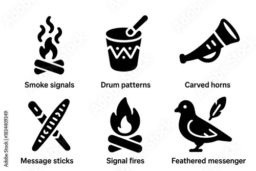 Prehistoric Communication Tools. Solid style icons of prehistoric communication tools: smoke signals, drum patterns, carved horns,