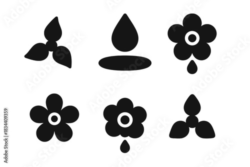 Floral and Liquid Icons. Solid style icons of liquid and floral centers: nectar hub, syrup junction, blossom node, honeyed pivot,