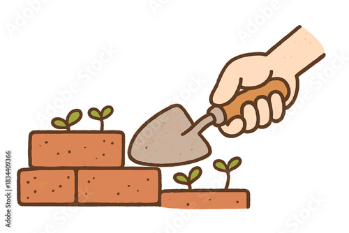 Urban Gardening Spirit. Cute doodle hand holding a trowel beside urban bricks, tiny sprouts emerging between them, optimistic