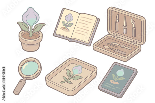 Interstellar Botany Icons. Isometric vector illustration set of interstellar plant study: luminescent plant sample, alien botanist