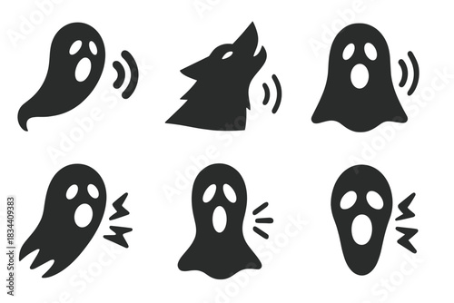 Foreboding Vocal Icons. Solid style icons of foreboding vocal motifs: wailing shadow, dark howl, twilight call, dusky shout,