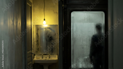 A dark, gritty bathroom with a single hanging lightbulb. A blurred human silhouette stands behind a steamy glass door. A mysterious, horror, or thriller concept.
