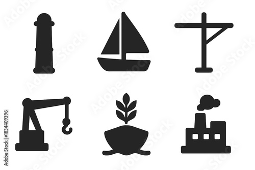 Shipyard Output Icons. Solid style icons of shipyard output symbols: marine spar, sailing boom, yardarm crossbeam, vessel arm,