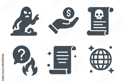 Ethereal Declarations Icons. Solid style icons of ethereal final declarations: shadowy ultimatum, dusky offer, dark term, dim