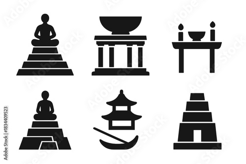 Solid Ancient Tranquility Icons. Solid style icons of ancient tranquility: pyramid meditation altar, temple serenity bowl, shrine