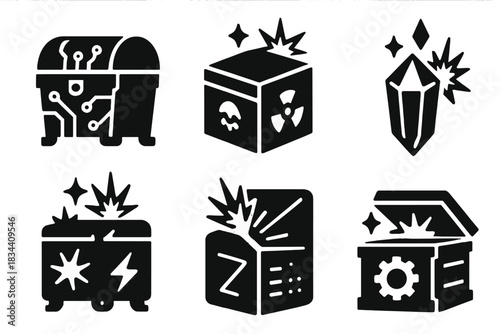 Luminescent Tech Relics. Solid style icons of luminescent tech relics: glowing circuit chest, irradiated relic box, shining data