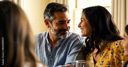 Family laughing together during a cheerful brunch at home, creating happy memories around the dining table with bright morning light