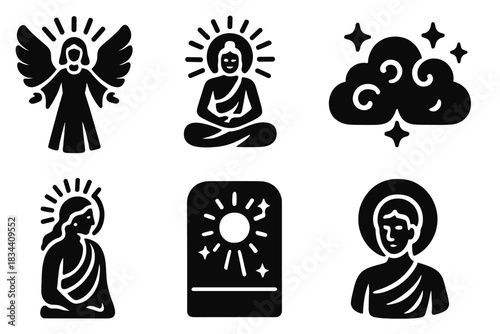Celestial Art Icons. Solid style icons of celestial art: radiant angel carving, glowing deity sculpture, luminous cloud mural,