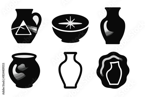 Mystical Pottery Icons. Solid style icons of optical mysticism: refracted light pottery, glowing mirage bowl, translucent clay