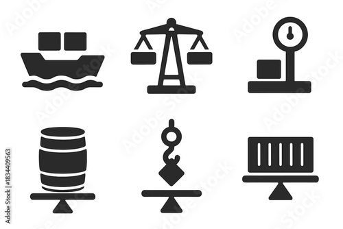 Maritime Balance Icons. Solid style icons of maritime balance: evenly loaded ship, equalized cargo crane, measured dock scale,