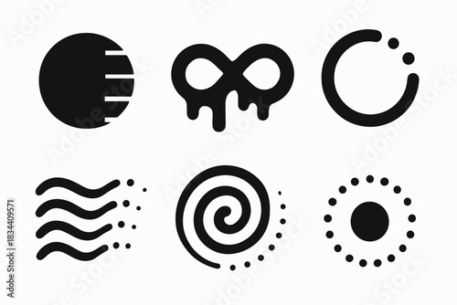 Fleeting Harmony Icons. Solid style icons of fleeting harmony: balanced fading circle, melting infinity sign, drifting unity ring,
