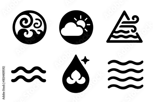 Elemental Balance Icons. Solid style icons of elemental balance: air-water harmony disk, cloud-light fusion sphere,