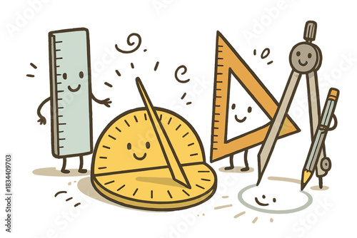 Friendly Geometry Tools. Playful doodle composition showing friendly sundials, rulers, and compasses working together to calculate
