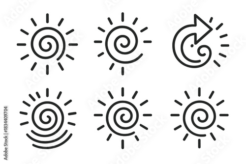 Radiant Spiral Icons. Icons for: a radiant spiral signifying discovery, a luminous whirl of exploration, a glowing direction curl