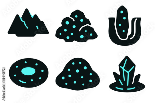 Glowing Geological Icons. Solid style icons of bioluminescent geology: glowing rock ridge, luminous sediment cluster, radiant